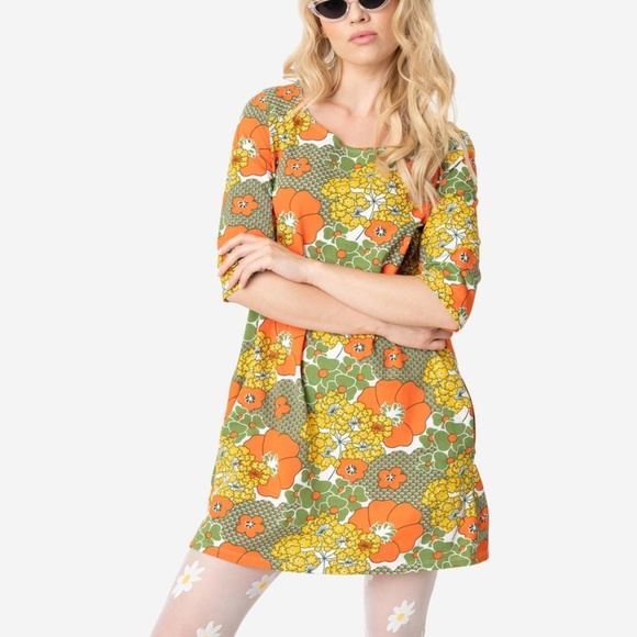 Unique Vintage Dresses & Skirts - 1960s Style Olive & Orange Floral Print tunic, 4x